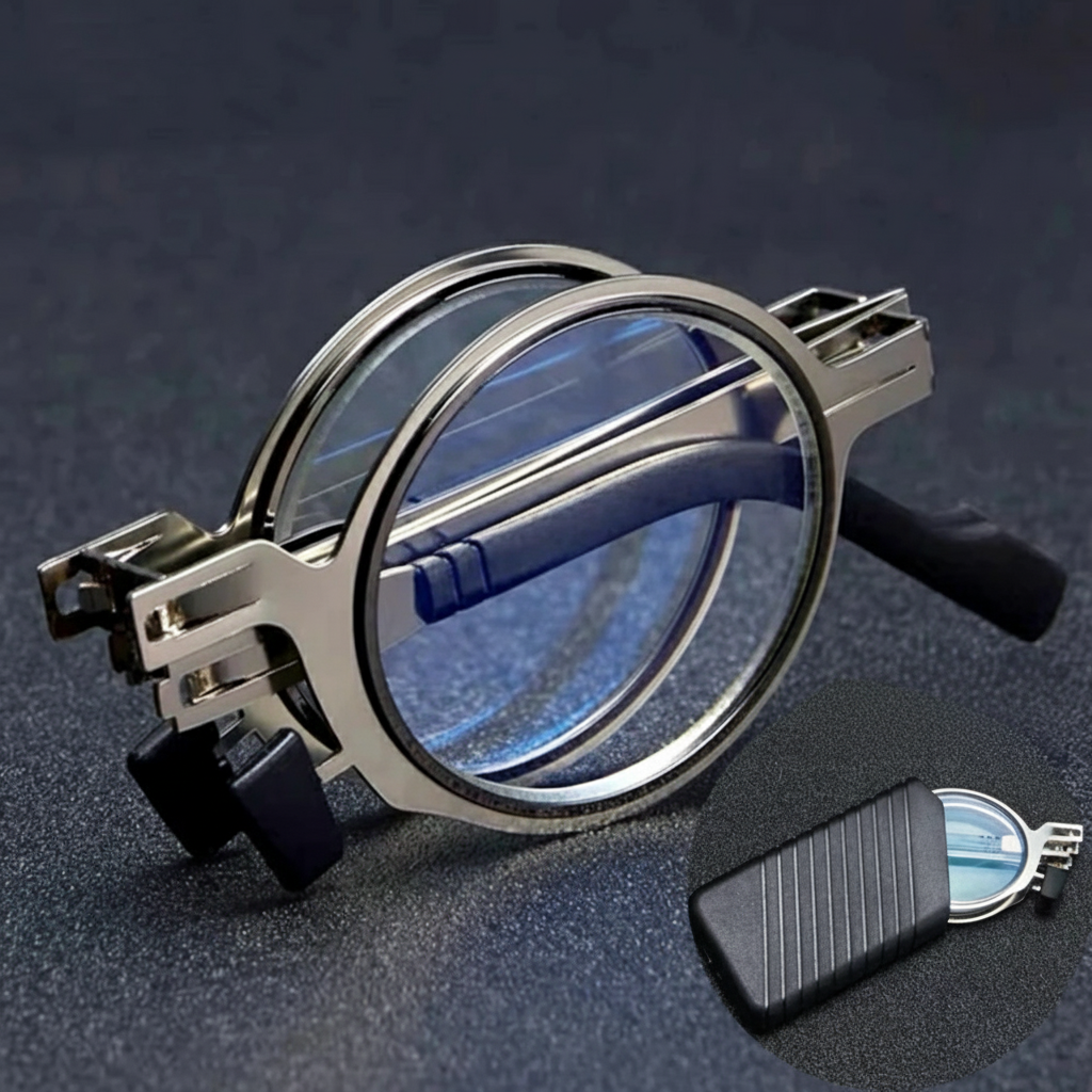 Stylish unisex foldable reading glasses, silver frame, features blue light filter for comfortable screen use.