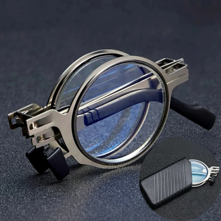 Stylish unisex foldable reading glasses, silver frame, features blue light filter for comfortable screen use.