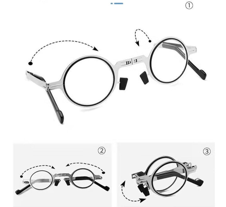 Silver frame unisex foldable reading glasses. Ultra-light and portable eyewear, a compact vision aid.