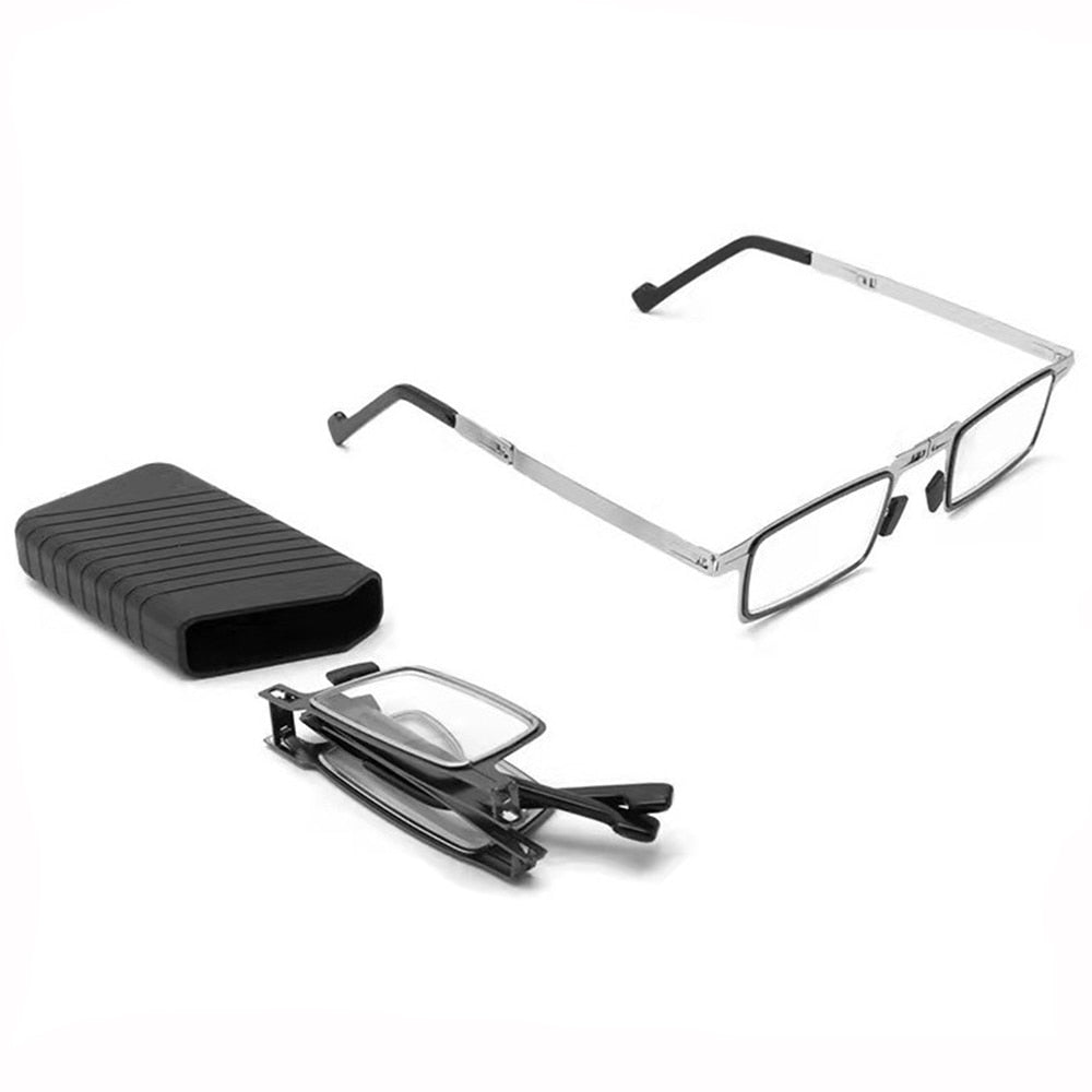 Foldable reading glasses with blue light filter, compact and pocket-friendly. Unisex silver frame eyewear.