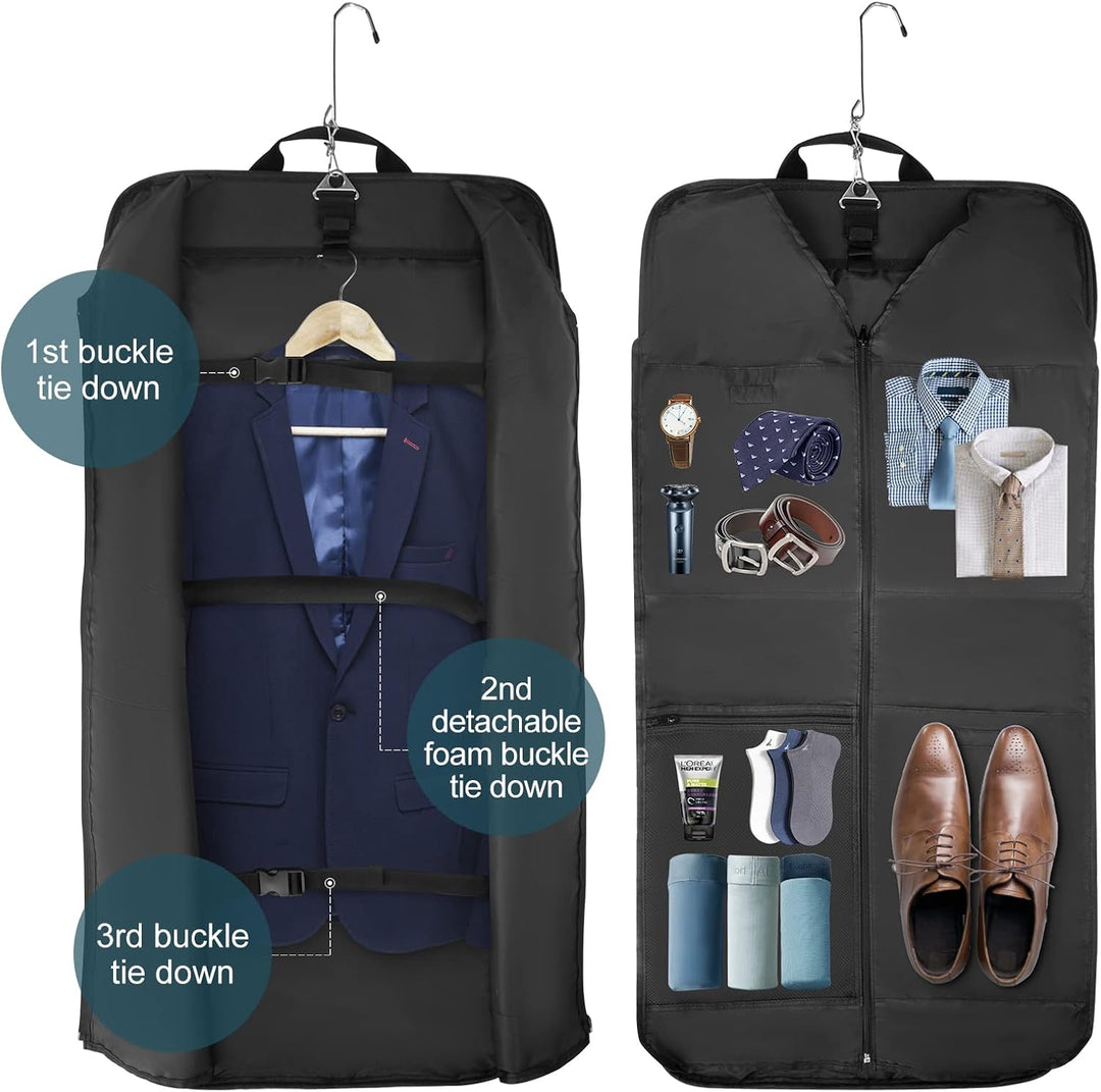 Black waterproof garment bag with shoulder strap, keeps suits wrinkle-free for carry-on travel. Foldable design.