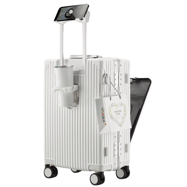 Unisex hard shell carry-on suitcase, Manhattan Pro, with smart tech features & USB charging for business travel.
