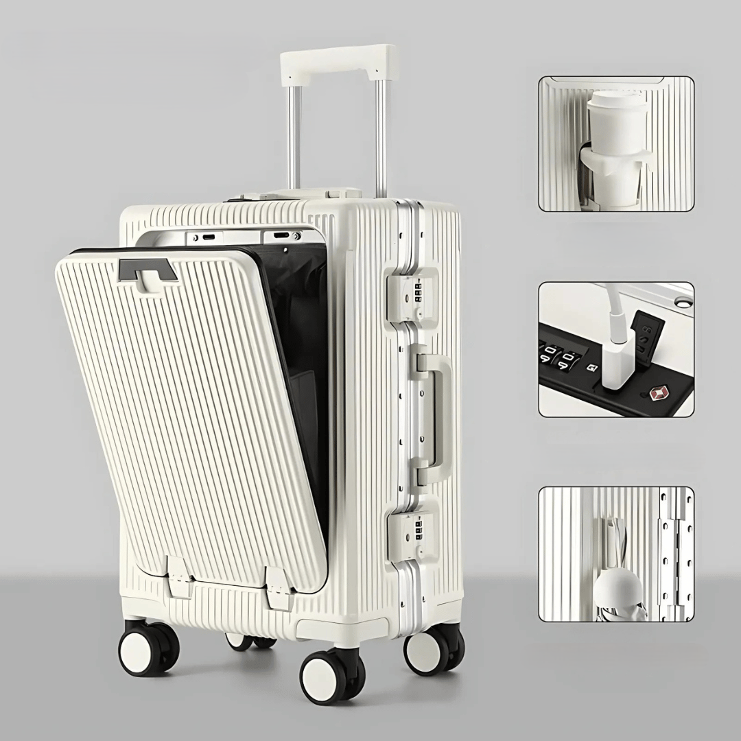 Robust unisex hard shell carry-on suitcase, Manhattan Pro, perfect for modern travel, with ample storage & tech readiness.