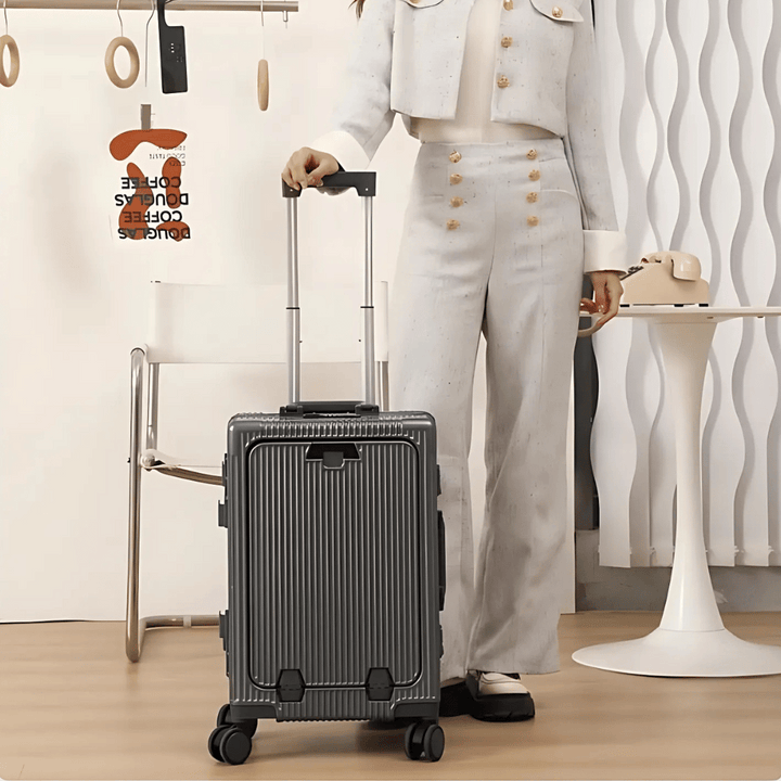 Durable hard shell carry-on luggage, Manhattan Pro, with smooth spinner wheels for short trips and airport essentials.
