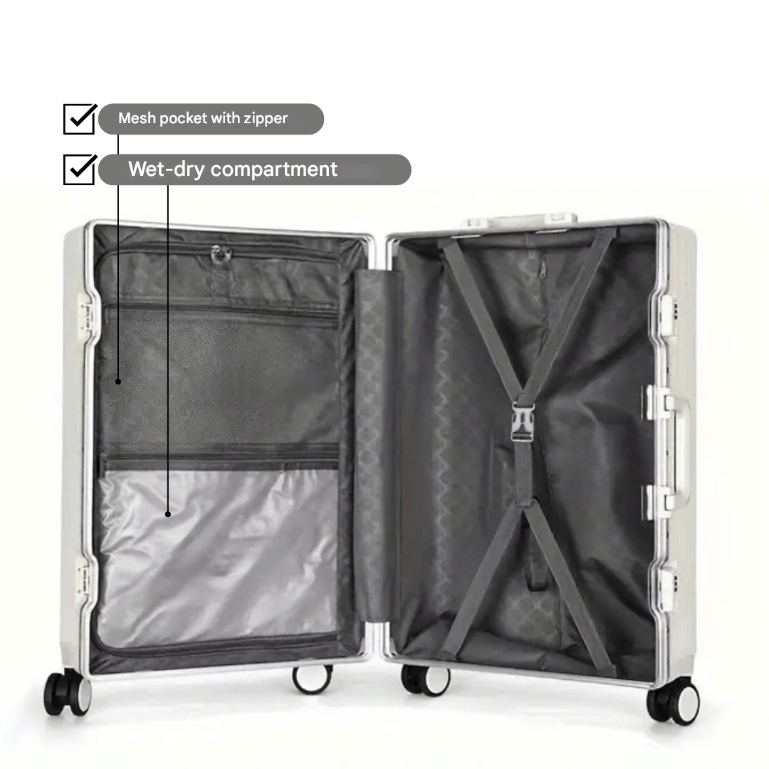 Sleek black hard shell carry-on luggage, Manhattan Pro, featuring USB charging port for on-the-go power.