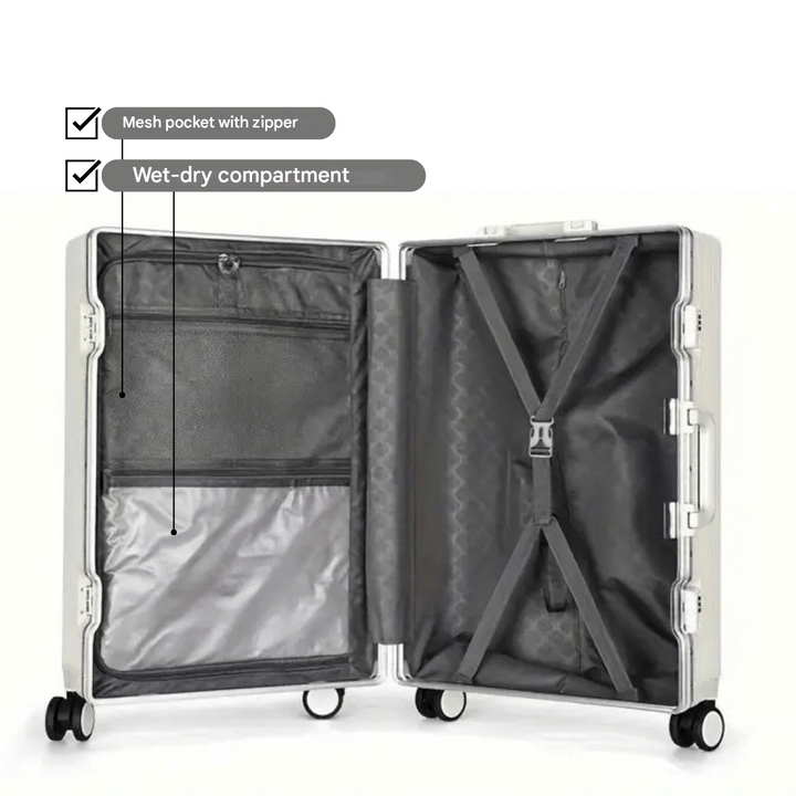 Sleek black hard shell carry-on luggage, Manhattan Pro, featuring USB charging port for on-the-go power.