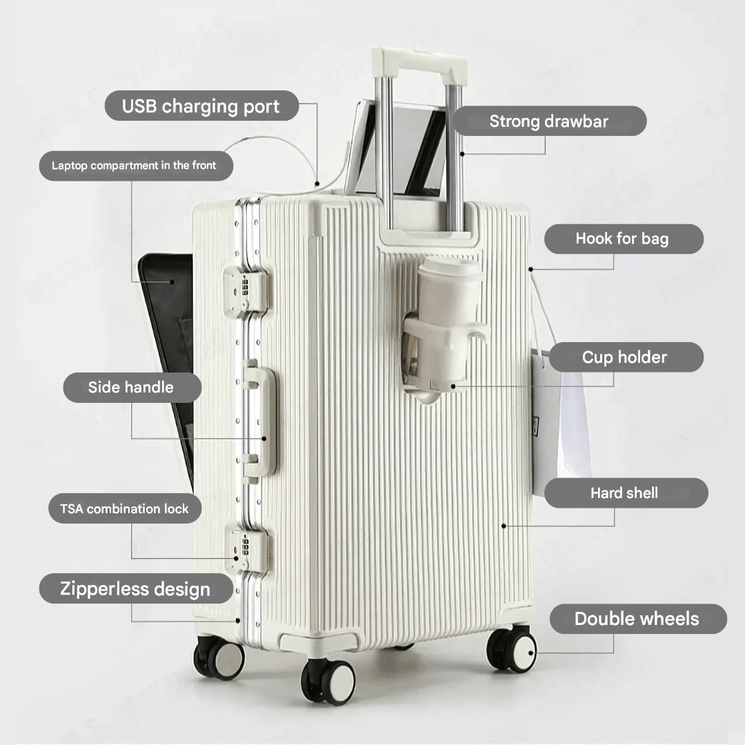 High-tech hard shell carry-on for business travel, Manhattan Pro, offering smart features and efficient packing.