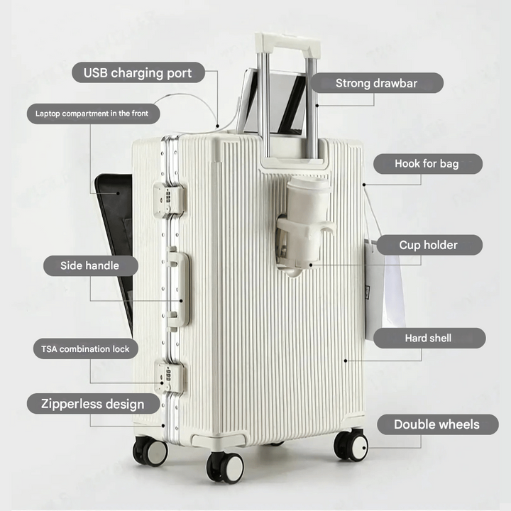 High-tech hard shell carry-on for business travel, Manhattan Pro, offering smart features and efficient packing.