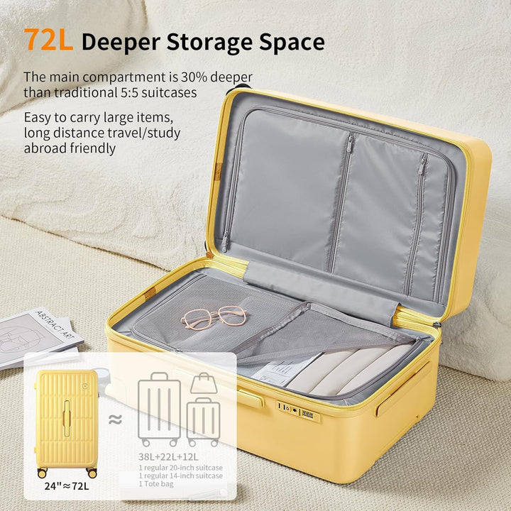 Bright yellow hard shell spinner suitcase, a fun and secure option for your travel needs.