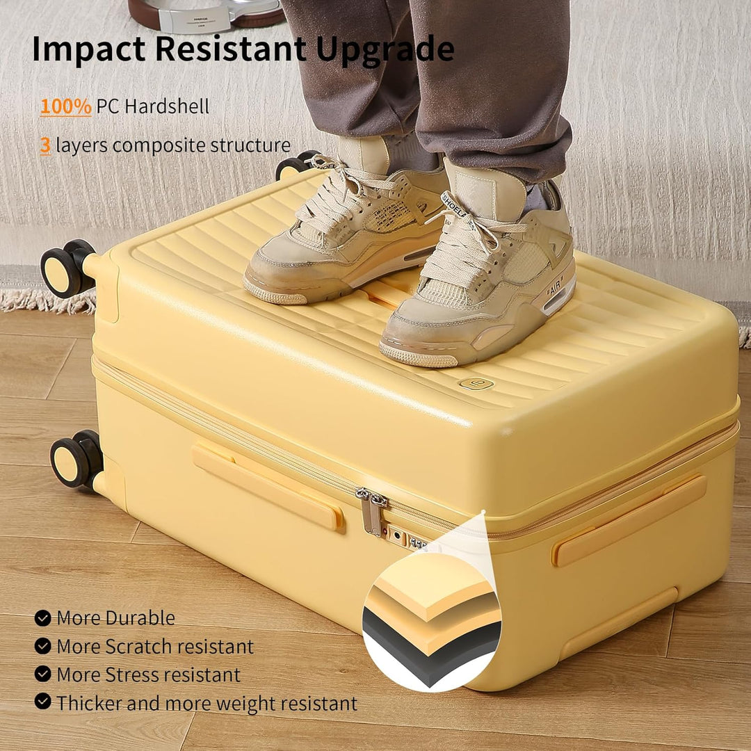 Elegant white hard shell spinner luggage, ideal for professional and secure business travel.