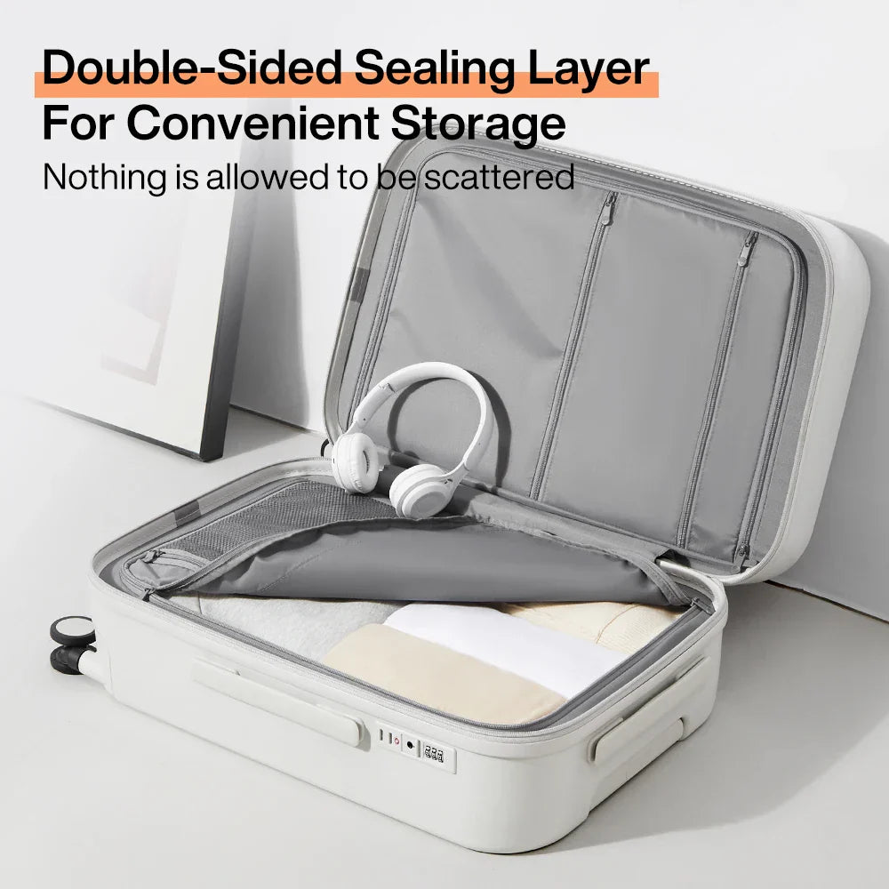 Durable hard shell suitcase with convenient cup holder & phone holder for modern, stress-free business travel.