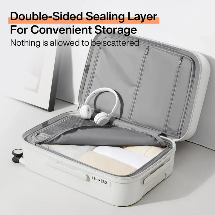 Durable hard shell suitcase with convenient cup holder & phone holder for modern, stress-free business travel.