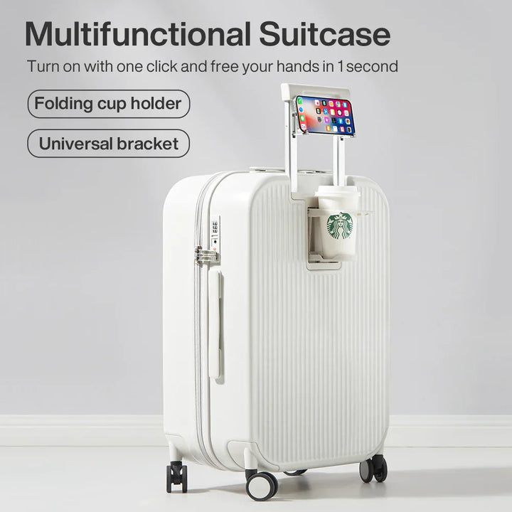 Sleek unisex hard shell suitcase, ideal for vacation gear or business travel, offering organized packing.