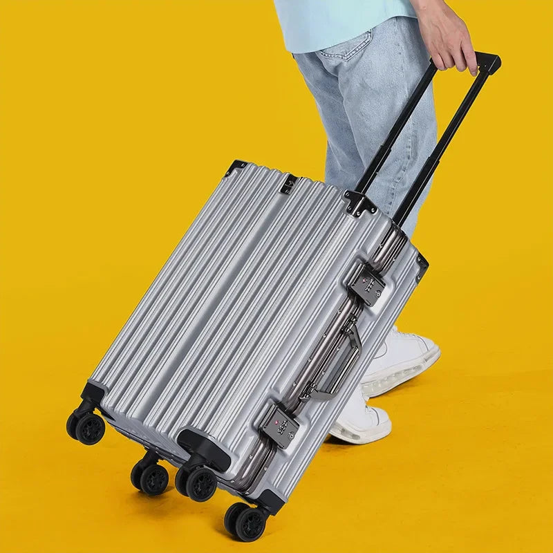 Secure unisex hardshell luggage with aluminum frame, protecting valuables during travel.