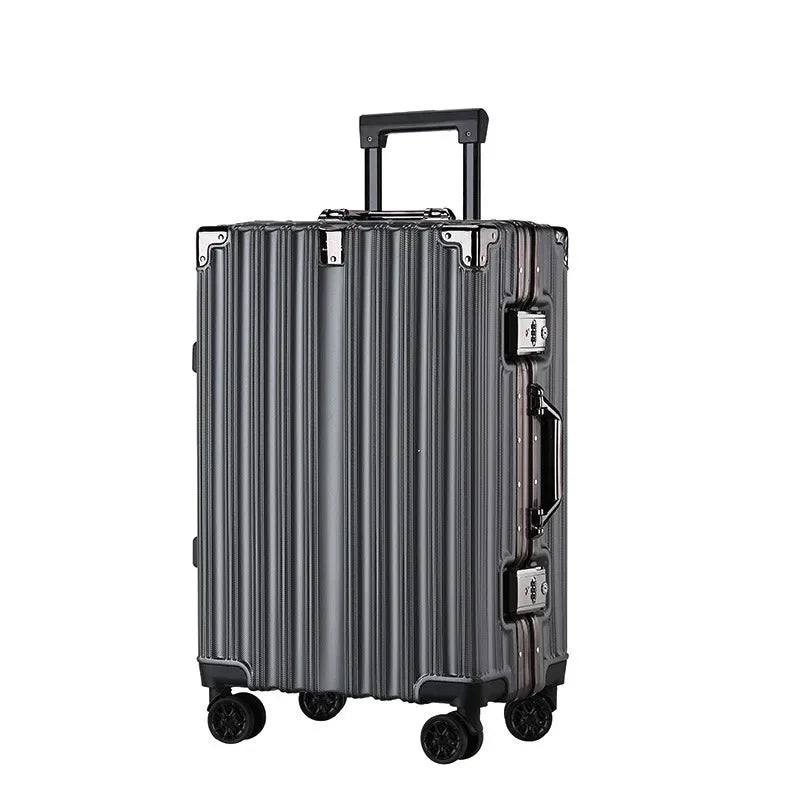 Side profile of the hardshell rolling luggage, showcasing its strong aluminum frame.
