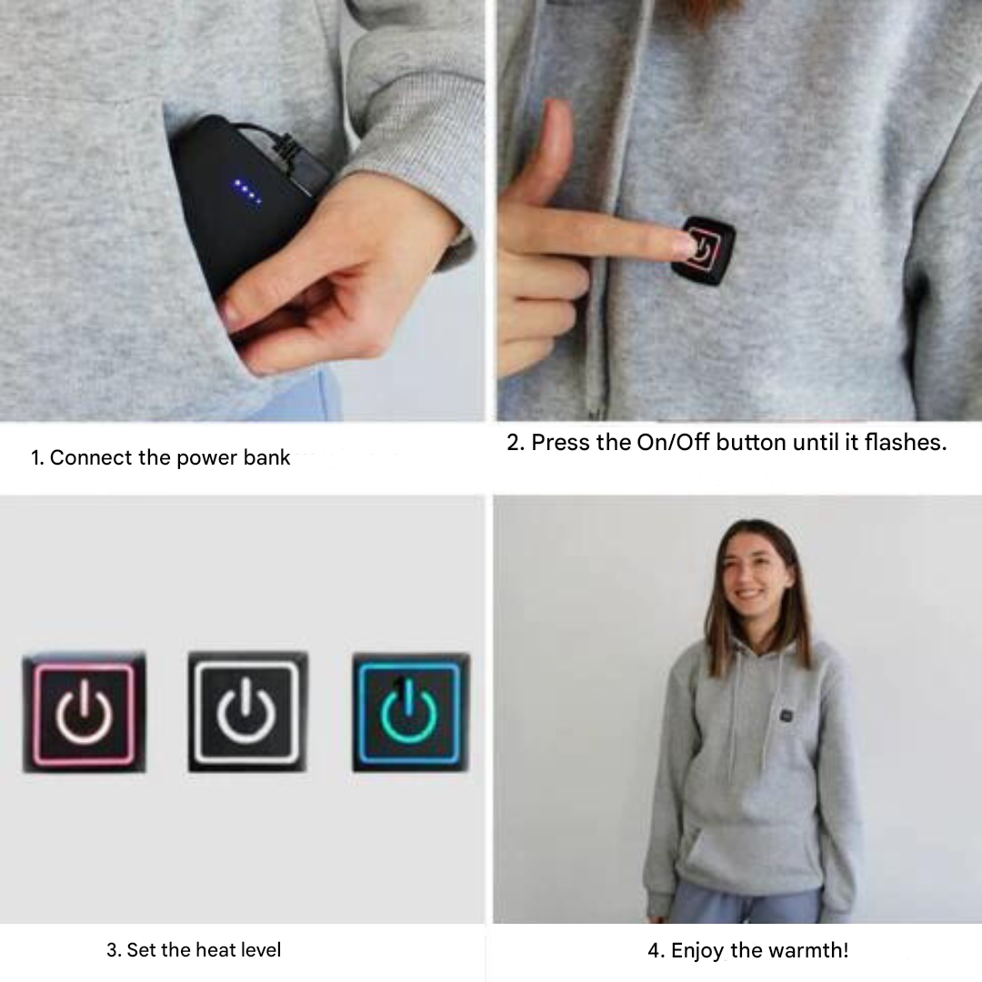 Cozy unisex thermal hoodie, an electric heated garment for superior warmth & comfort during winter activities.