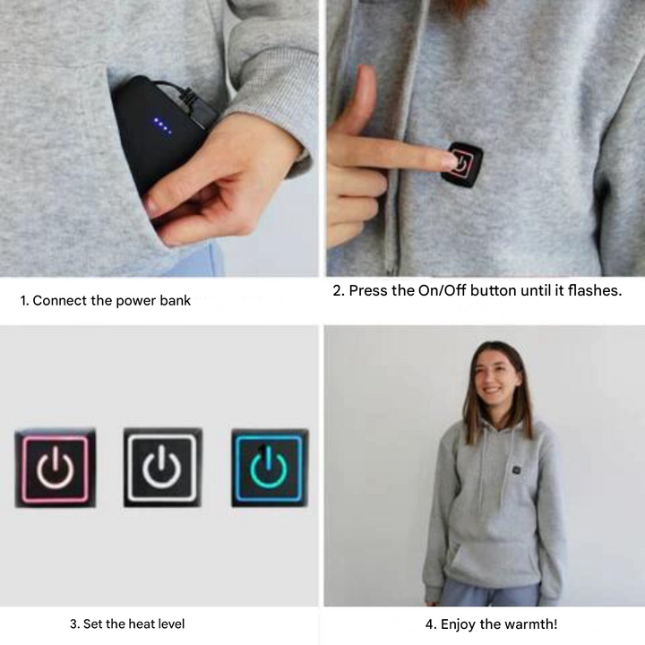 Cozy unisex thermal hoodie, an electric heated garment for superior warmth & comfort during winter activities.