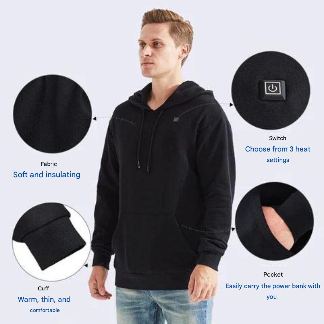 Warm unisex heated hoodie, ideal for staying comfortable and protected in cold weather conditions & outdoor gear.