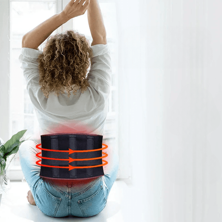 Unisex heated back support belt for soothing back pain, providing therapeutic lumbar warmth & comfortable waist support.