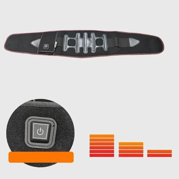 Comfortable heated lower back support belt for pain relief, promoting muscle relaxation & ergonomic lumbar alignment.