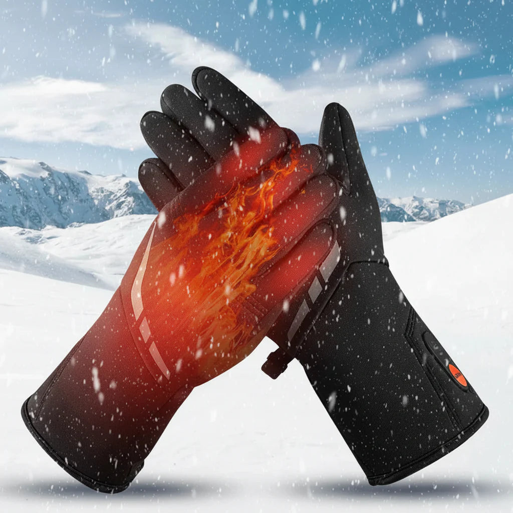 Battery powered heated gloves with touchscreen fingers, waterproof, ideal for cold weather texting & outdoor use.