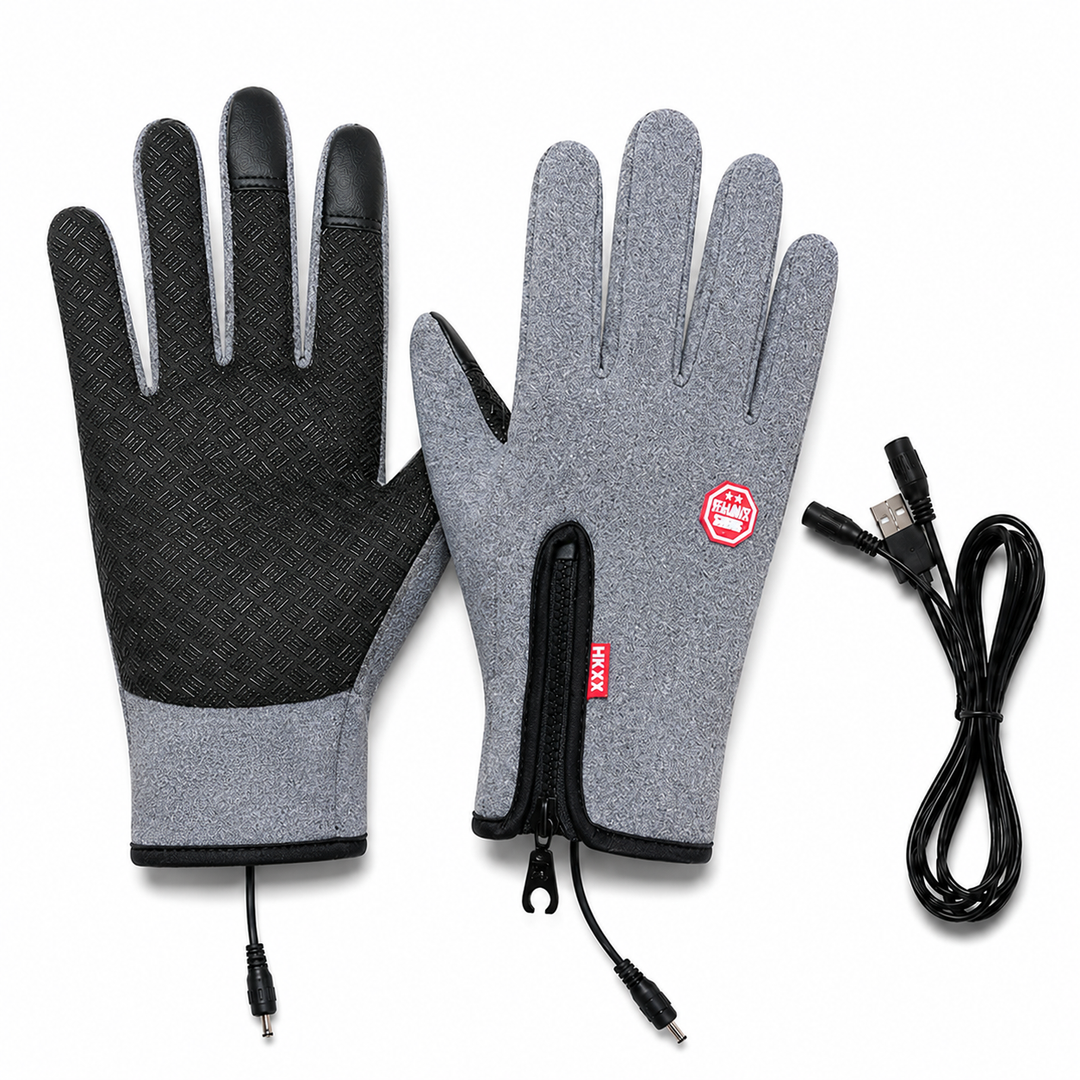 Close-up of durable waterproof fabric & heating element in a unisex electric winter glove.