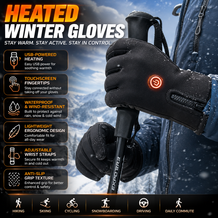 Thermal heated gloves with touchscreen tips, waterproof exterior for outdoor sports.