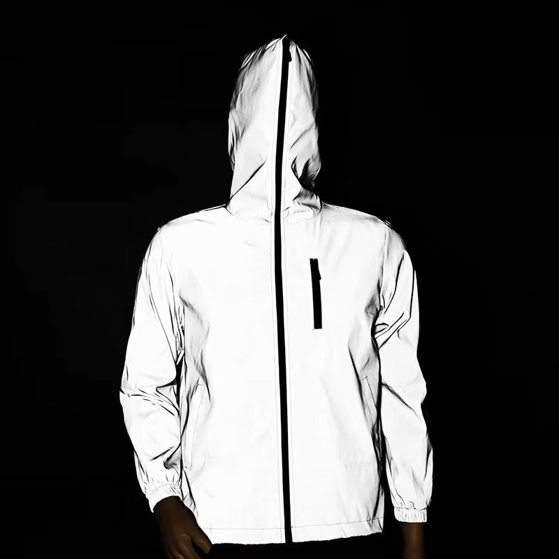 Durable waterproof unisex rain jacket offers ultimate weather protection, highly reflective for safety.