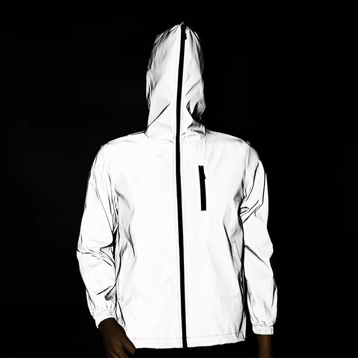 Durable waterproof unisex rain jacket offers ultimate weather protection, highly reflective for safety.