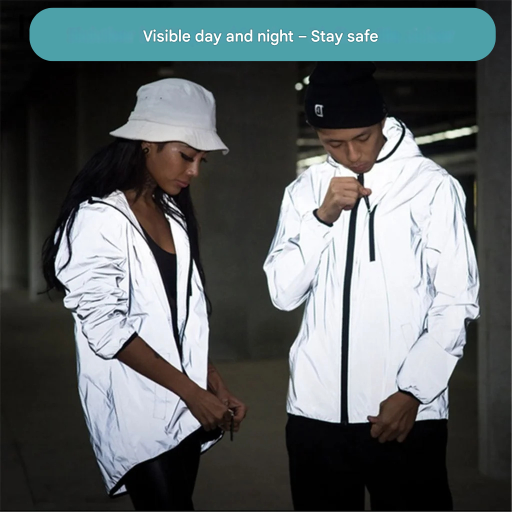 Unisex high-visibility reflective rain jacket ensures safety & keeps you dry in any weather, great for outdoor gear.