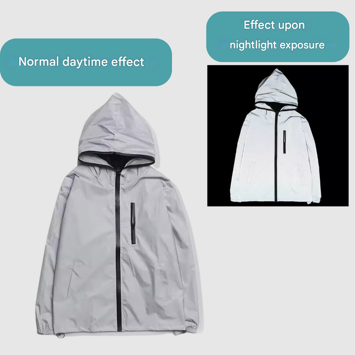 Bright reflective waterproof unisex rain jacket, ideal for cycling and outdoor high-visibility safety.