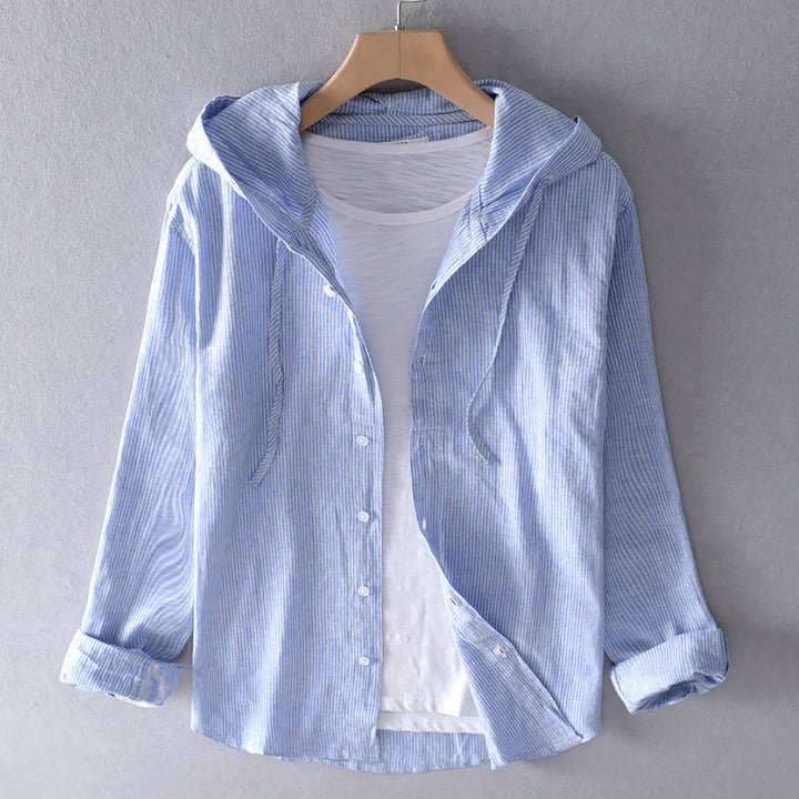 Unisex hooded shirt in lightweight fabric, showcasing breathable material and casual design with versatile unisex fit.