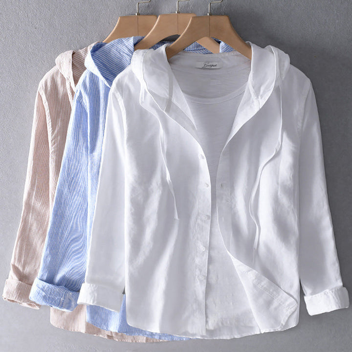 Unisex hooded shirt in lightweight fabric, showcasing breathable material and casual design with versatile unisex fit.
