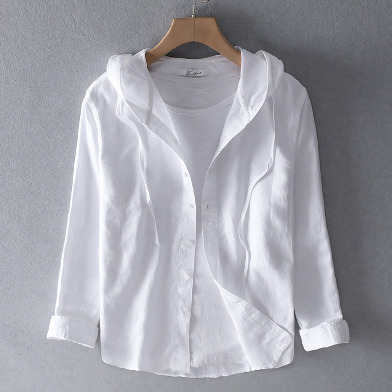 Unisex hooded shirt in lightweight fabric, showcasing breathable material and casual design with versatile unisex fit.