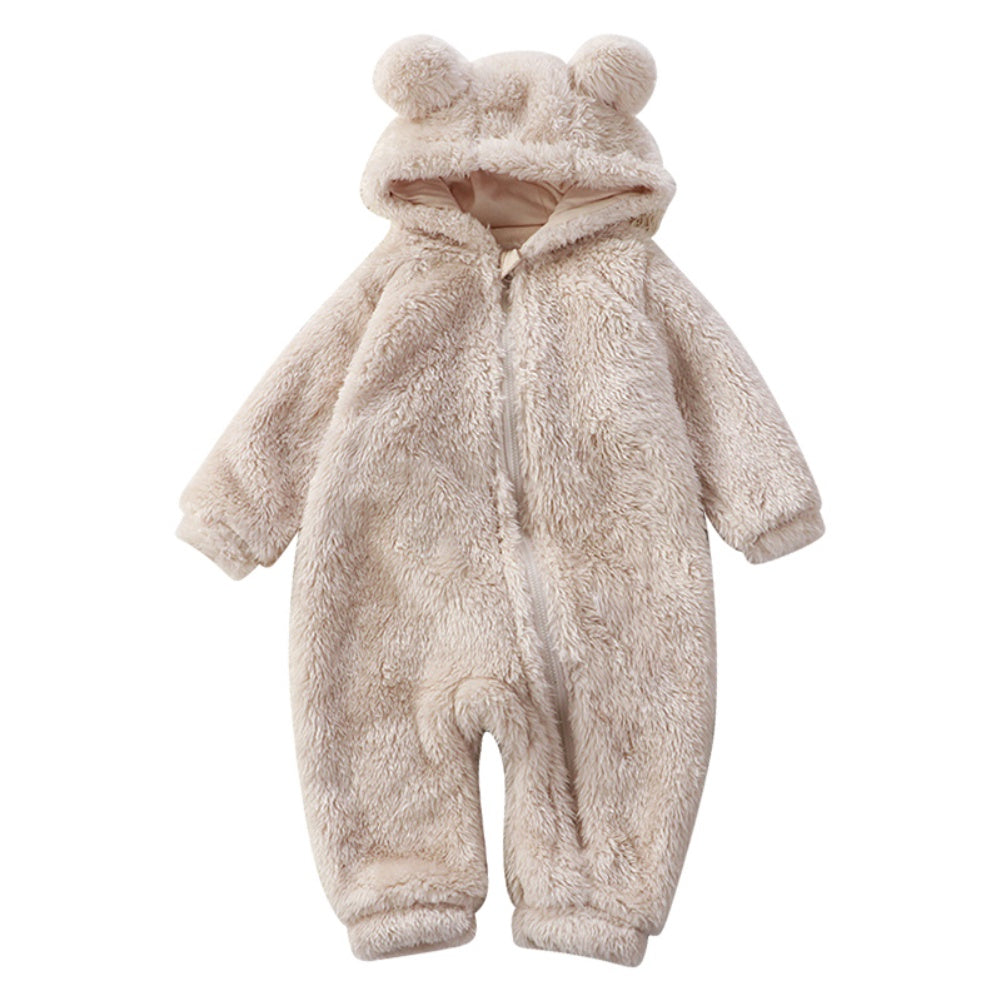 Cute unisex baby bear onesie. Warm infant jumpsuit, perfect cozy outfit for winter fashion.