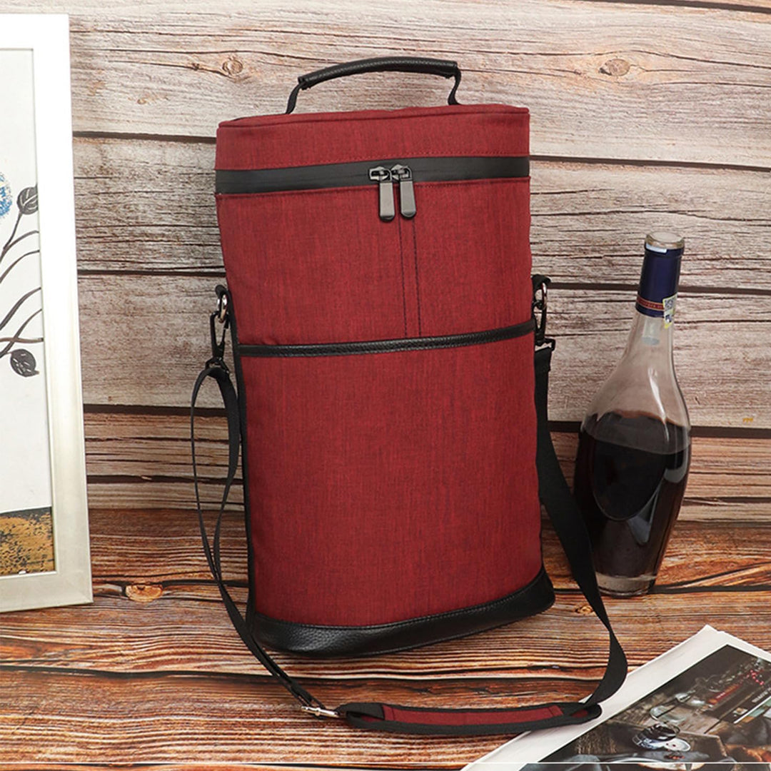 Unisex insulated 2-bottle wine cooler tote bag for travel, picnics & outdoor events with adjustable strap.