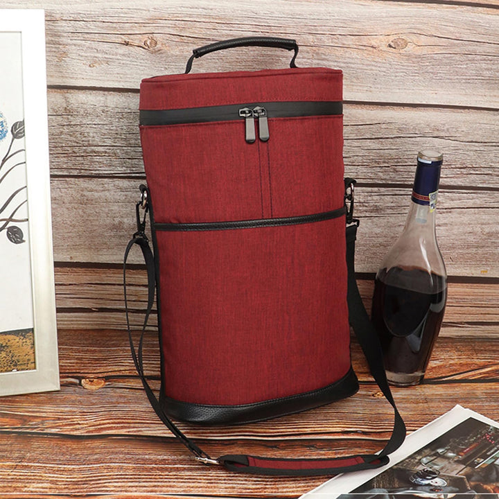 Unisex insulated 2-bottle wine cooler tote bag for travel, picnics & outdoor events with adjustable strap.