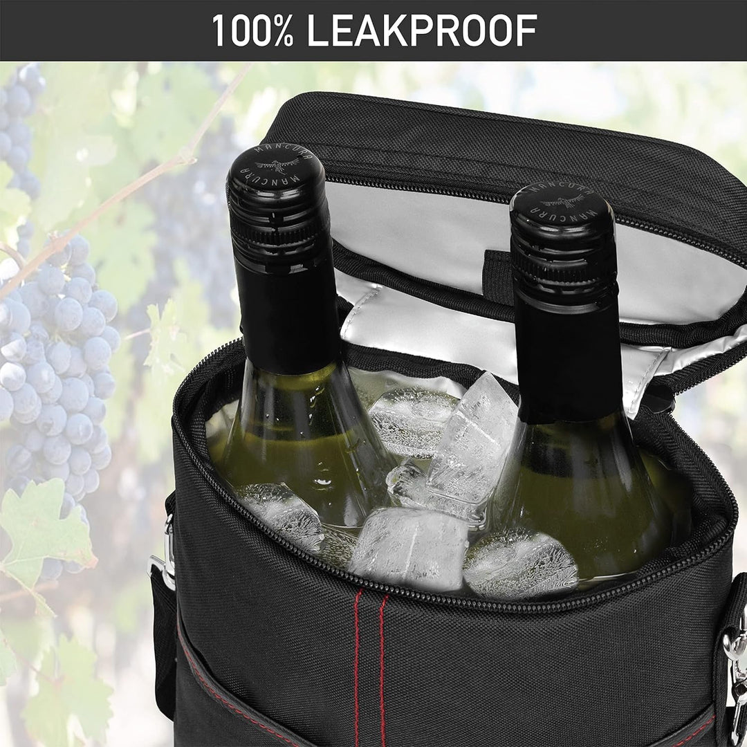 Insulated picnic bag designed for wine. Carries two bottles securely, perfect for outdoor travel & events.