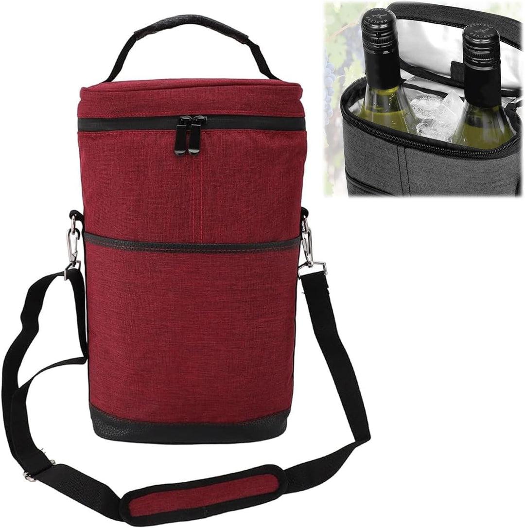 Thermal insulated wine cooler tote bag keeps two bottles chilled for travel, picnics, and gifts.