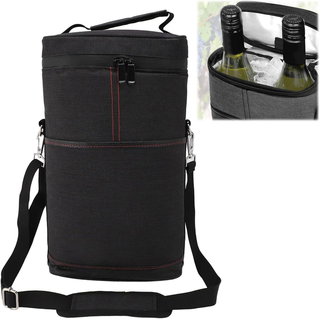Adjustable strap insulated wine cooler tote bag. Securely carries two bottles for picnics & travel.