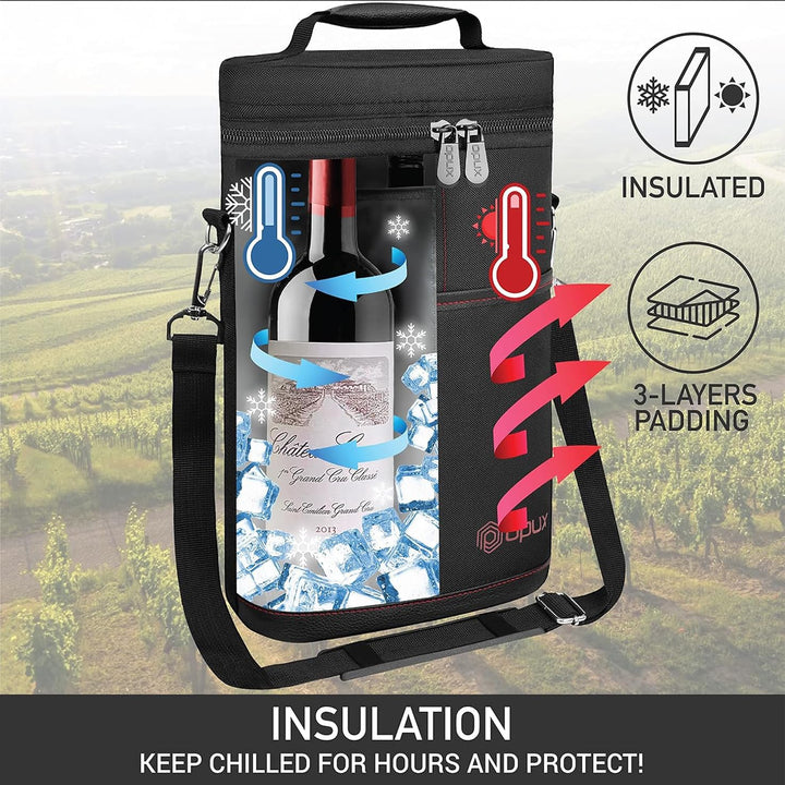 Securely carry two wine bottles in this insulated travel tote bag, perfect for outdoor adventures.