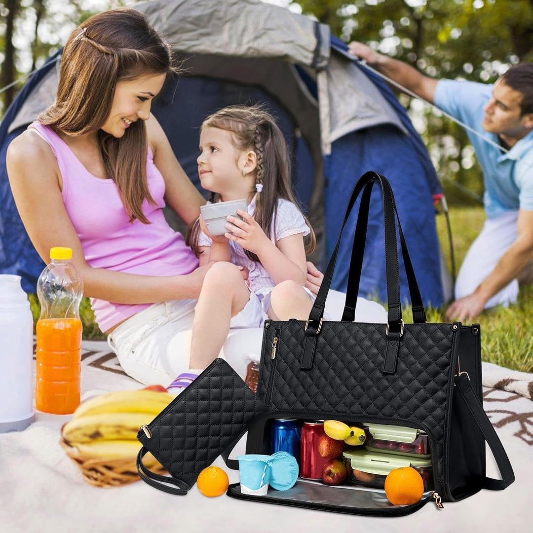 Dual-compartment insulated tote bag showing separate sections for laptop & lunch, great for organization.