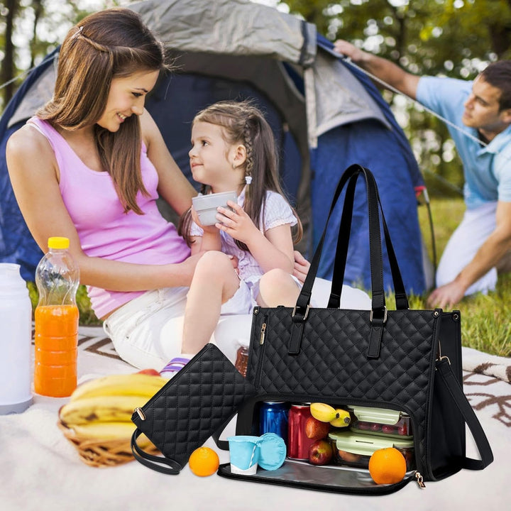 Dual-compartment insulated tote bag showing separate sections for laptop & lunch, great for organization.