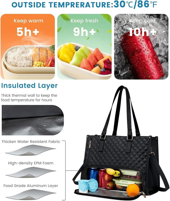 Unisex commuter tote bag carried by professional, showing insulated lunch compartment & secure laptop sleeve.
