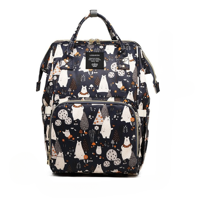 Durable waterproof diaper backpack, large capacity with multiple pockets for baby and parent travel.