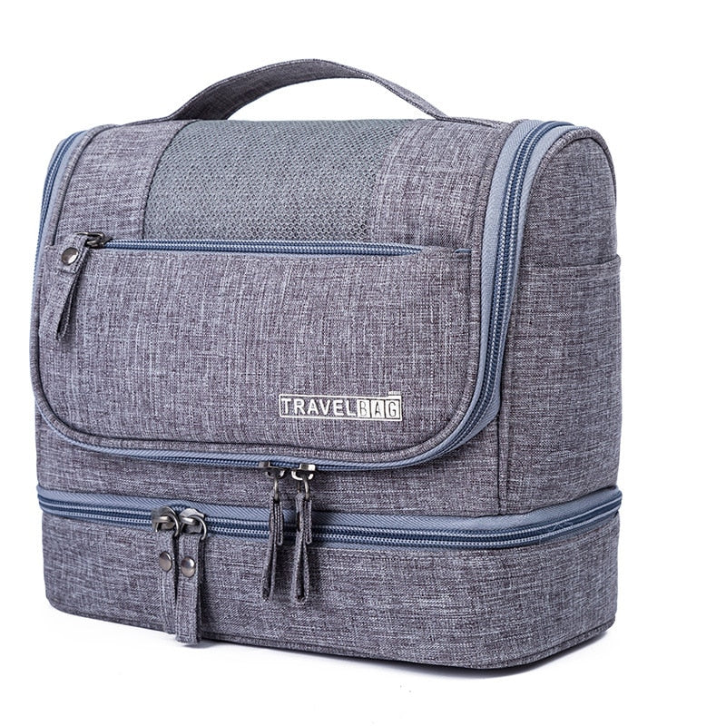 Unisex large hanging toiletry bag with multiple compartments, ideal for organized travel.
