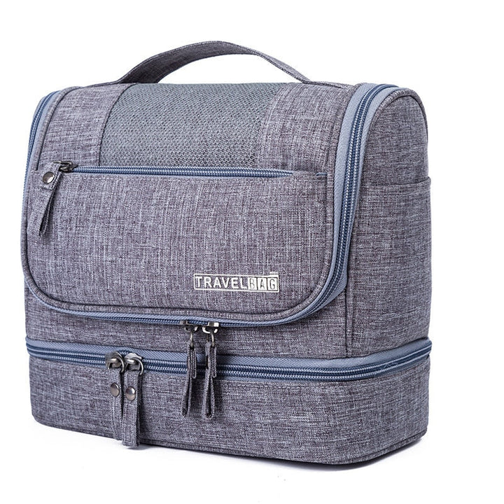 Unisex large hanging toiletry bag with multiple compartments, ideal for organized travel.