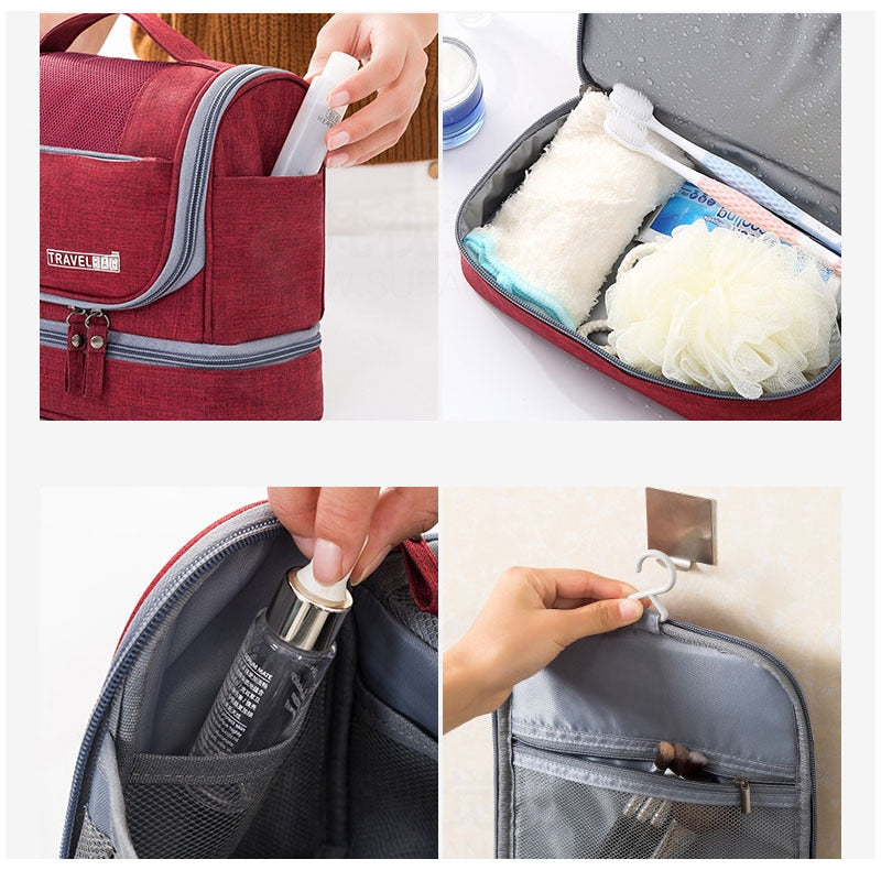 Unisex large capacity travel toiletry bag. Multi-compartment hanging organizer for compact packing.