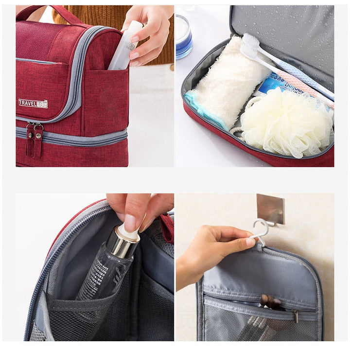 Unisex large capacity travel toiletry bag. Multi-compartment hanging organizer for compact packing.