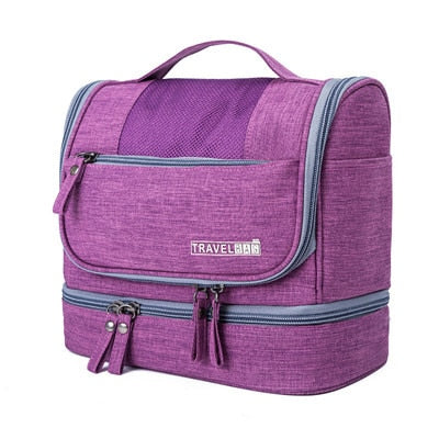 Hanging travel toiletry organizer for men & women, features large capacity & waterproof design.